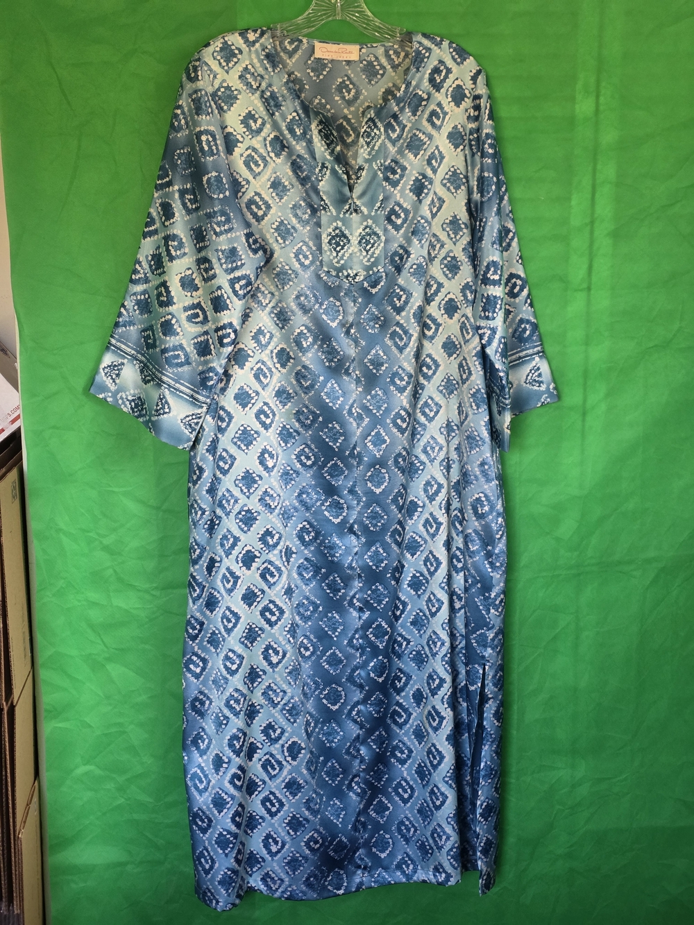 Oscar de la Renta Pink Label Blue Satin Caftan Robe w Pockets Moo Moo M/L Kaftan